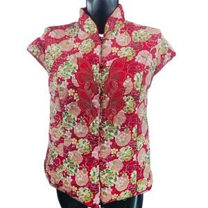Vintage Chinese Red Floral Cheongsam Quilted Vest Jacket Embroidered M 3942
